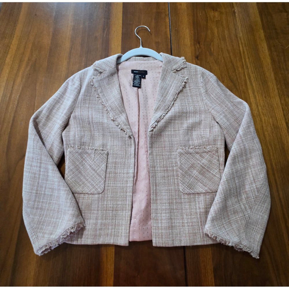 BCBGMAXAZRIA Tweed Blazer Jacket Womens Small Pink‎ Beige Fringe Career